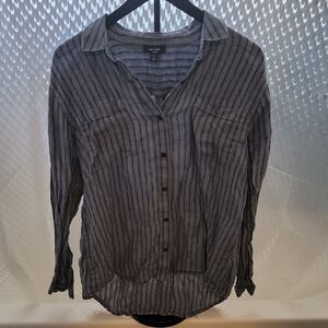 Lord & Taylor Petite XL Women's 100% Linen Long Sleeve Top Blue & Navy Stripes